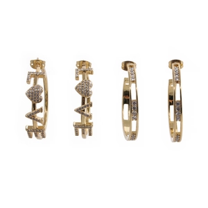 Detail shot of gold-plated Love heart earrings with micro-inlaid cubic zirconia stones