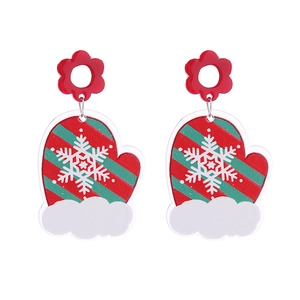 Christmas glove acrylic drop earrings with white snowflakes and double-sided glitter finish