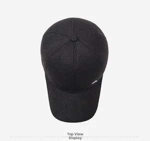 Top view of ribbed knit winter baseball cap with metal logo detail and warm lining