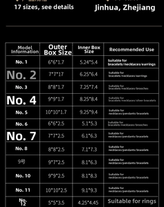 Size chart for drawer jewelry boxes showing various dimensions for rings and necklaces