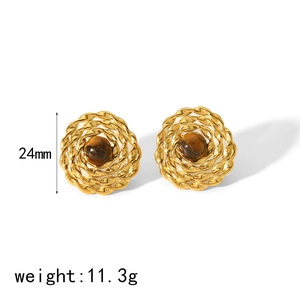 18K gold plated tiger eye stone earrings with spiral twist design 24mm diameter