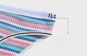 Detailed view of striped cotton underwear with elastic waistband and text embroidery