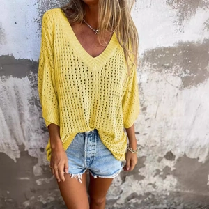 Hellgelber hohl gestrickter V-Ausschnitt Pullover für Damen im lässigen Stil