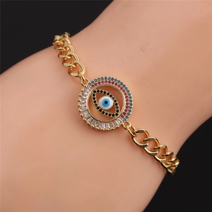 Gold plated Cuban chain bracelet with colorful zircon Evil Eye pendant for women