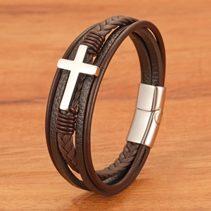 Brown multilayer leather cross bracelet with stainless steel magnetic clasp for men