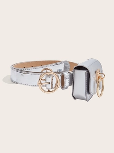 Minimalist silver belt with golden round buckle and matching mini pouch accessory