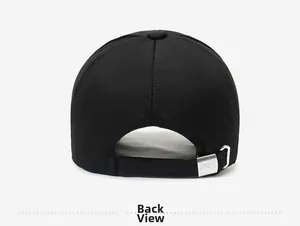 Detail view of the black baseball cap back with a metal sport buckle adjustment strap