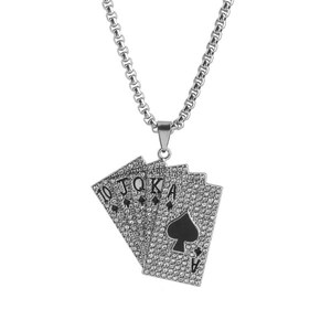Hip hop royal flush poker pendant necklace with sparkling diamonds on silver chain