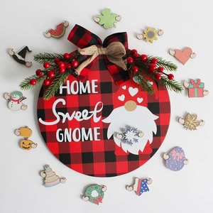 Wooden HOME Sweet GNOME door sign with 12 interchangeable seasonal icons for holiday decor