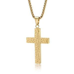 Collier pendentif croix en acier inoxydable doré avec texture martelée et chaîne box