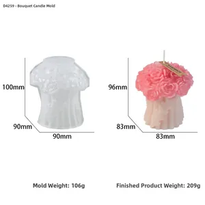 Details der 3D-Blumenstrauß-Silikonform mit fertiger Rosenkerze und Maßen