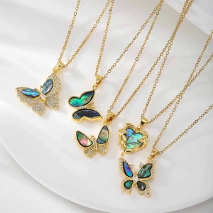 Golden titanium steel butterfly and heart necklace set with colorful abalone shells