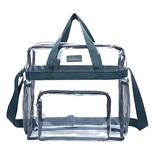 Front view of large transparent PVC tote bag with gray straps and front zipper pocket