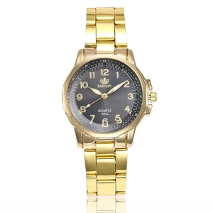 Women's quartz watch with gold alloy band and dark grey dial with numeric markers