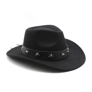 Detail of black wool fedora hat featuring a leather band with silver star metal rivets