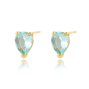 Elegant gold drop earrings with teardrop blue cubic zirconia on a white reflective base