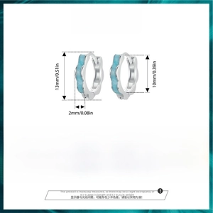 Detail view of S925 sterling silver hoop earrings with blue enamel wave pattern and dimensions