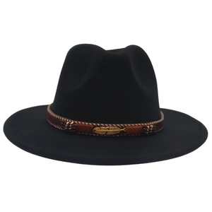 Detail of black wool fedora featuring a brown woven band and a gold feather charm