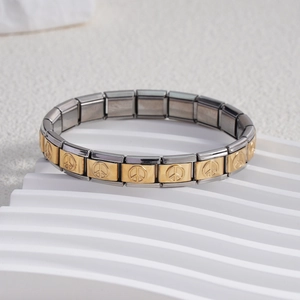 Bracciale modulare italiano in acciaio inossidabile con segno di pace oro e argento