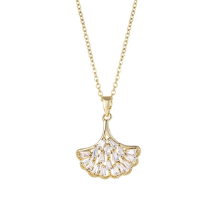 Golden ginkgo leaf necklace with zircon stones in a fan-shaped pendant design