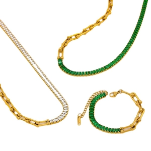 Gold U-link necklace and bracelet set with green and white baguette-cut zircon gemstones