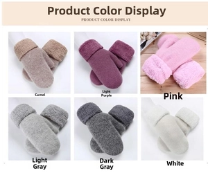Detail showcasing variety of solid knit mittens in six colors with thick plush cuffs