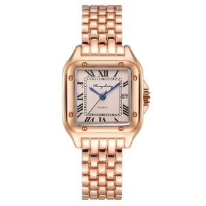 Close-up of square rose gold quartz watch with Roman numerals and date window display