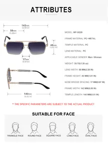 Detailed size chart for retro sunglasses showing frame, lens, and temple measurements