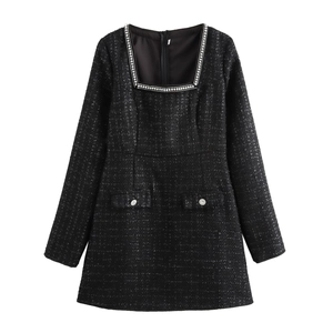 Vintage Tweed Minikleid Elegant Quadratischer Ausschnitt Langarm Künstliche Perlen Strass Besatz Schwarz A-Linie Kleid Damen