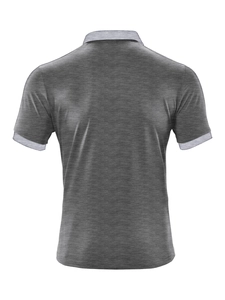 Detail of grey polo shirt back showing premium knit texture and classic ribbed cuffs