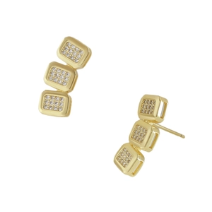 Minimalist gold square stud earrings with triple geometric design and zircon inlay
