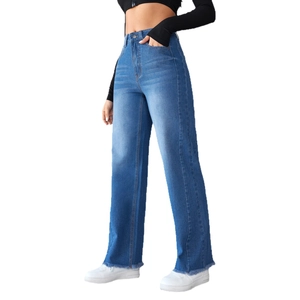 Dames jeans met hoge taille en wijde pijpen in gewassen blauw met onafgewerkte zoom