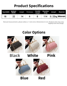 Detail view of woven mini crossbody bag with metal top handle and chain strap options
