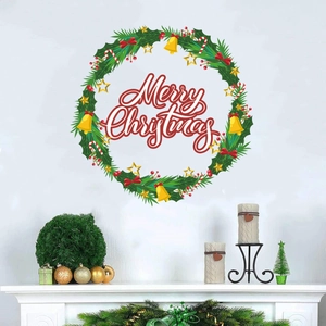Christmas wall sticker with green wreath, red Merry Christmas text and gold bells on wall