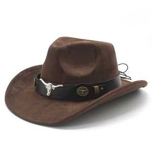 Classic brown suede western cowboy hat with a metal bull head ornament on leather band