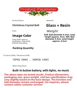 Detailed product specifications table for Christmas snow globes with built-in light