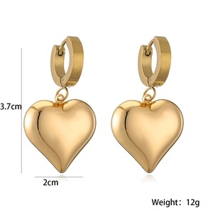 Detailed size view of gold heart drop earrings measuring 3.7cm height and 2cm width
