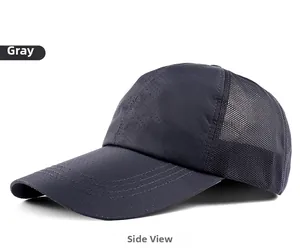 Side view detail of breathable grey mesh baseball cap with perforated quick-dry fabric