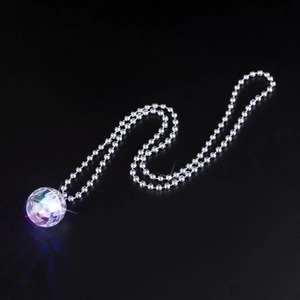 Luminous disco ball necklace with silver bead chain featuring colorful glowing effects