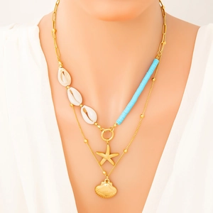 Double layered gold plated titanium steel necklace with starfish shell pendants