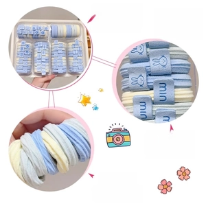 Detail of high-elasticity ribbed hair scrunchies in sea salt blue and soft yellow colors