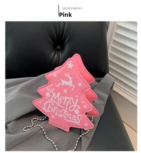 Sac bandoulière sapin de Noël rose avec chaîne argentée et motif de Noël