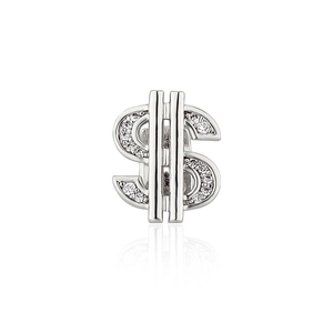 Silver dollar sign tooth grillz with inlaid diamonds for hip hop style on white background