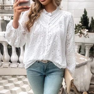 Women Blouse Eyelet Embroidery Hollow Out Ruffle Collar Long Sleeve Button Front Casual Loose Shirt Top