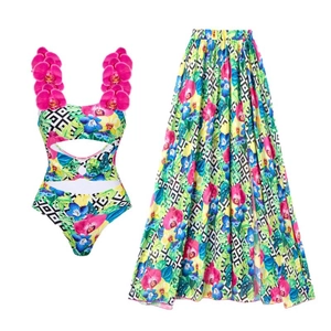 Costume intero con stampa orchidea, gonna coordinata e spalline con fiori 3D applicati