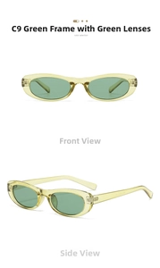 Detail view showing front and side of oval sunglasses in translucent green and yellow