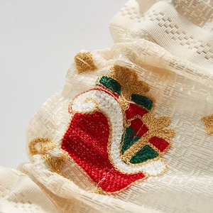 Christmas bell embroidery lace curtain with festive red and green patterns on beige mesh