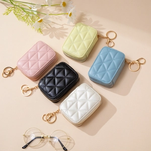 Portable Mini Lipstick Bag PU Leather Quilted Diamond Pattern With Mirror And Keychain Hook Small Makeup Cosmetic Case