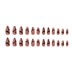 Pinkish-brown almond press-on nails with abstract lines and silver glitter, 24 pieces