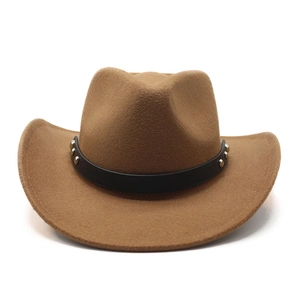Detail of camel wool cowboy hat featuring a black leather band with silver metal studs